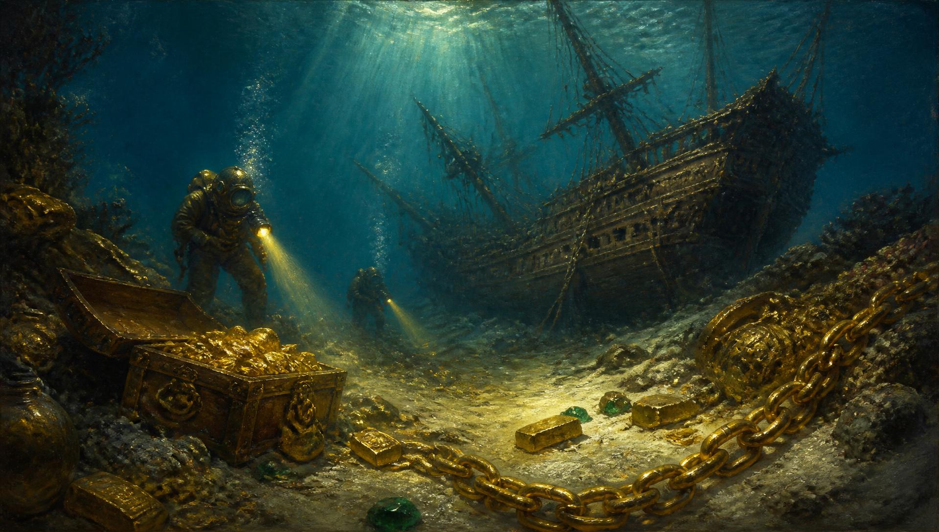 Weathered treasure map with gold coins, a compass and diving gear